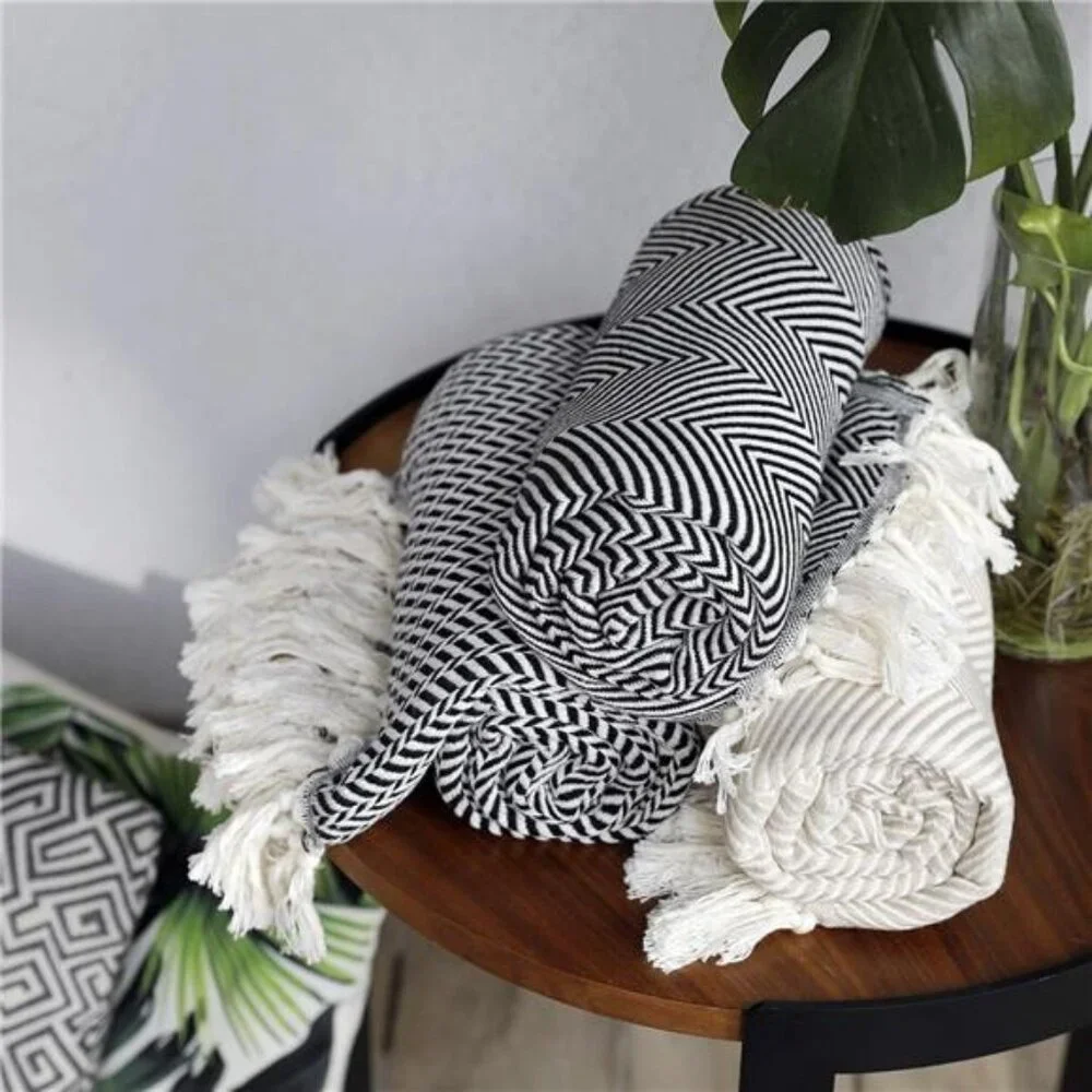 NEW West Elm Boho Beige White Turkish Cotton Tassel Throw Blanket - 60